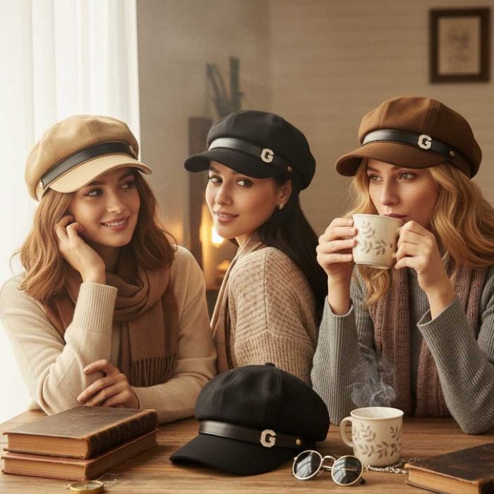 Елегантна дамска шапка тип фуражка с декоративна лента и метално лого