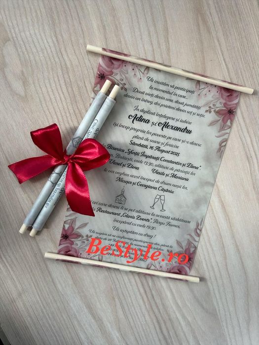 Invitatie nunta 2025 rulata din calc si funda satin