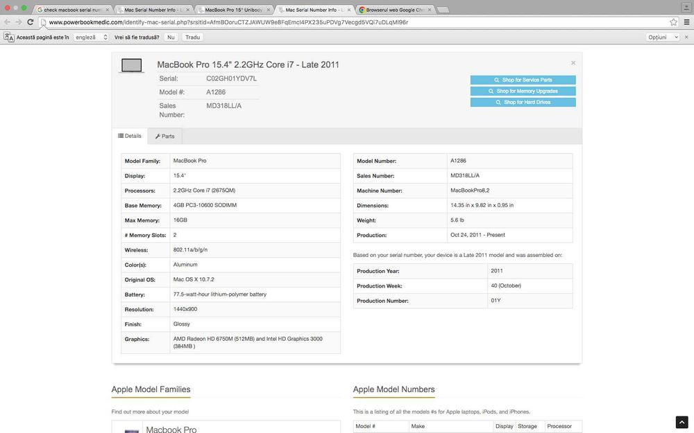 Laptop Apple Macbook Pro 15" 2011 i7 160GB HDD 4GB Ram A1286