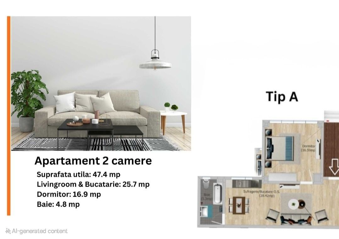 Apartament 2 camere Costinesti – 10 min de plaja, 47 mp