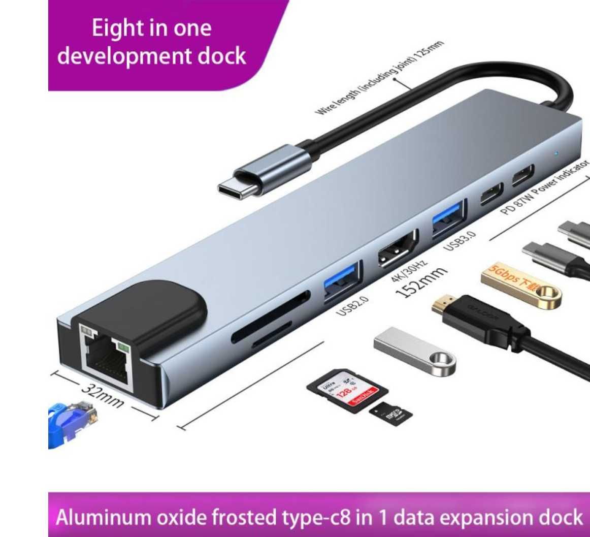 Hub USB Type-C 8 in 1 HDMi+USB3.0*2+2*USB-C+PD+SD/TF+LAN