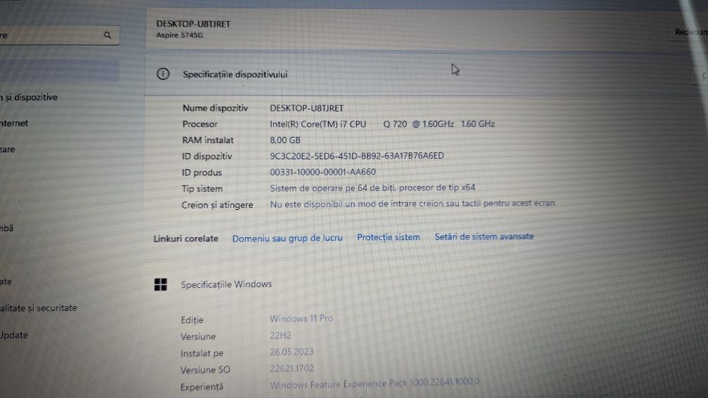Laptop Acer Aspire i7, 8g ram, SSD