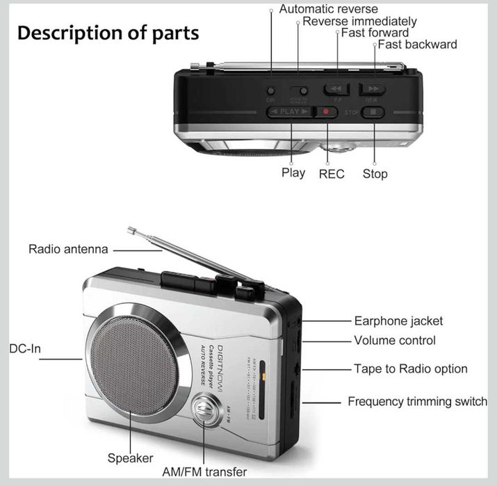 DIGITNOW! Джобен AM/FM радиокасетофон вграден високоговорител