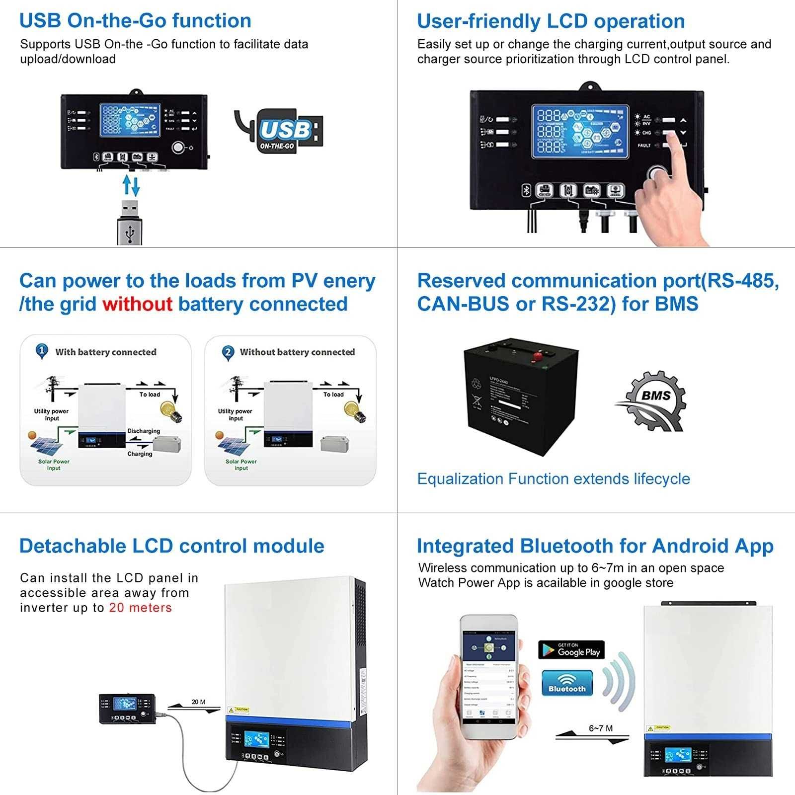 Хибриден Соларен Инвертор 5KW + 80А МРРТ зарядно + Bluetooth