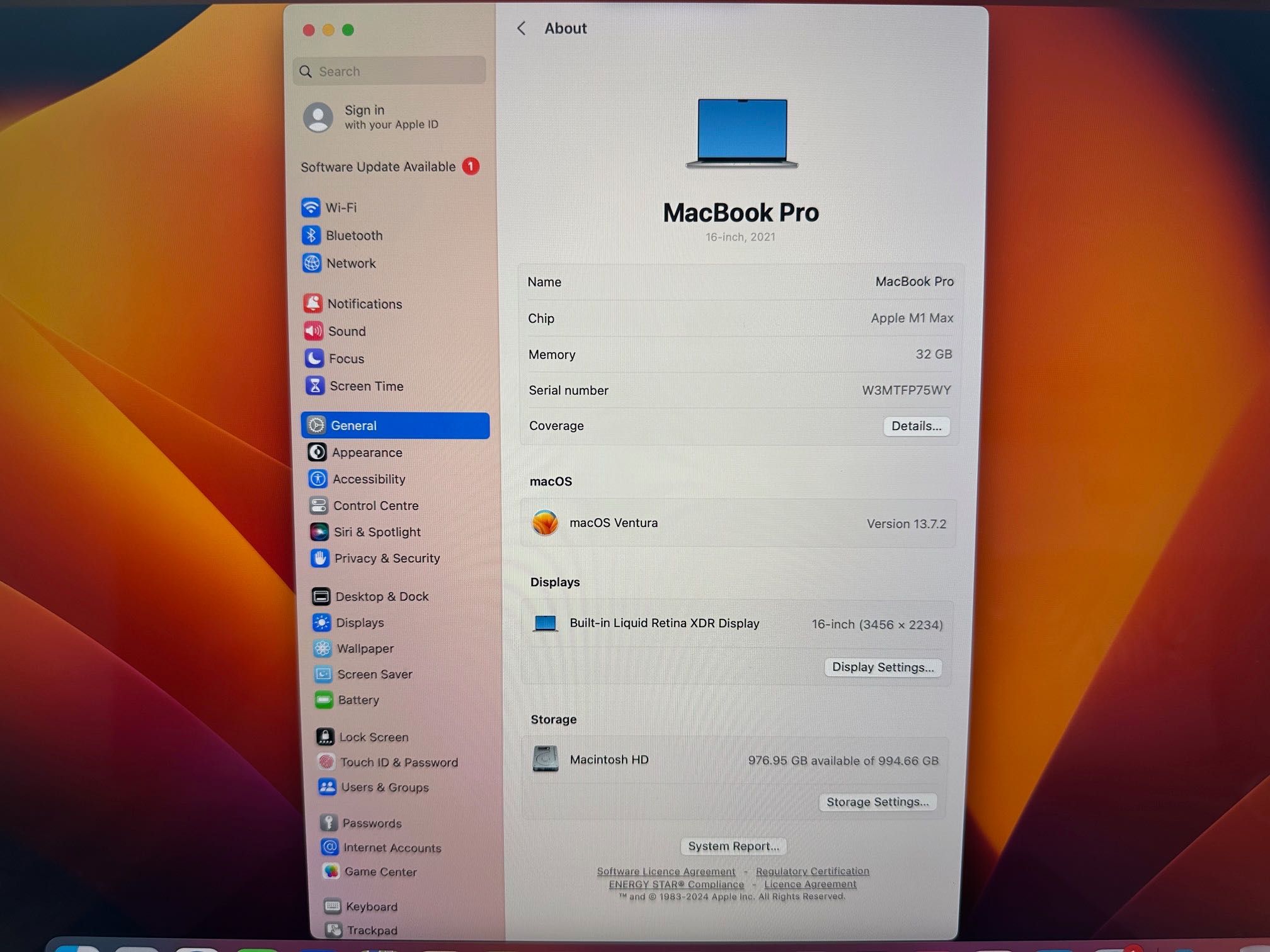 MacBook Pro 16" M1 MAX 10-Core CPU, 24-Core GPU, 32GB RAM, 1TB SSD
