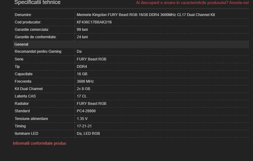 Memorii RAM Kingston Fury RGB 32GB, DDR4, 3600MHz, CL17