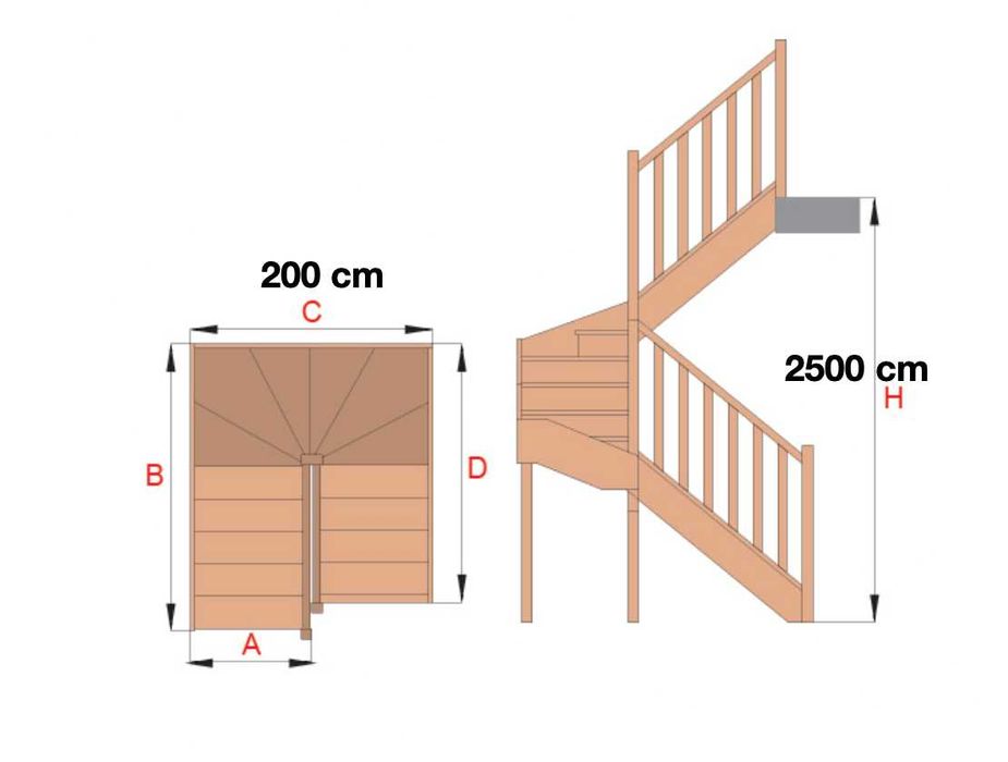 Scara de interior, lemn fag, intoarcere dreapta, 15 trepte, balustrada