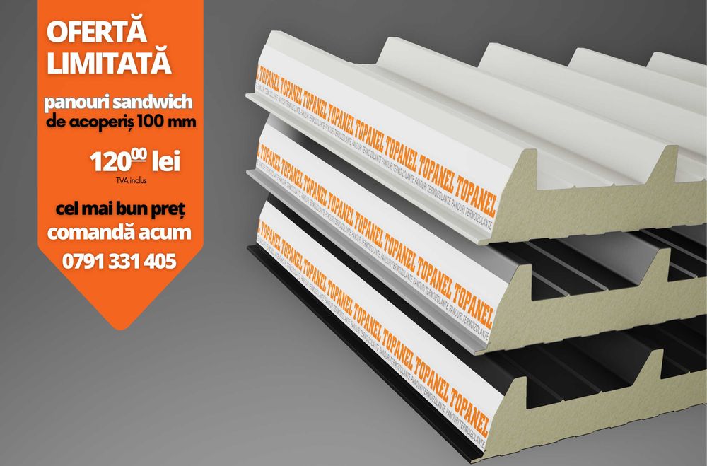 Ofertă limitată – Panouri sandwich de acoperiș, 100 mm, 120 lei/mp