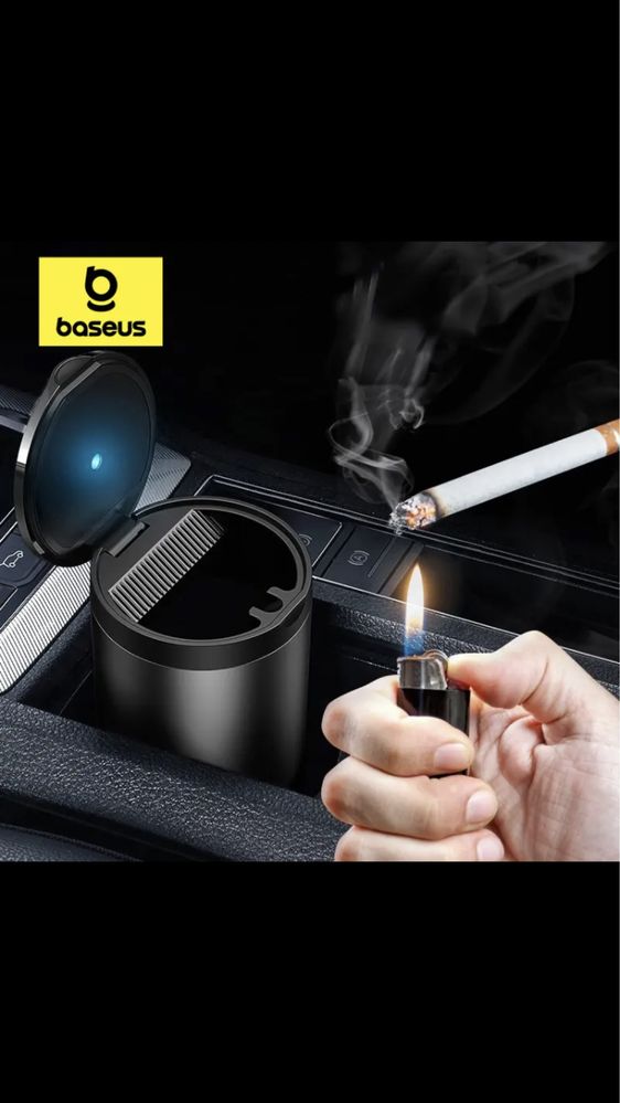Пепелник за кола,Baseus Premium,черен,LED осветление,Металик