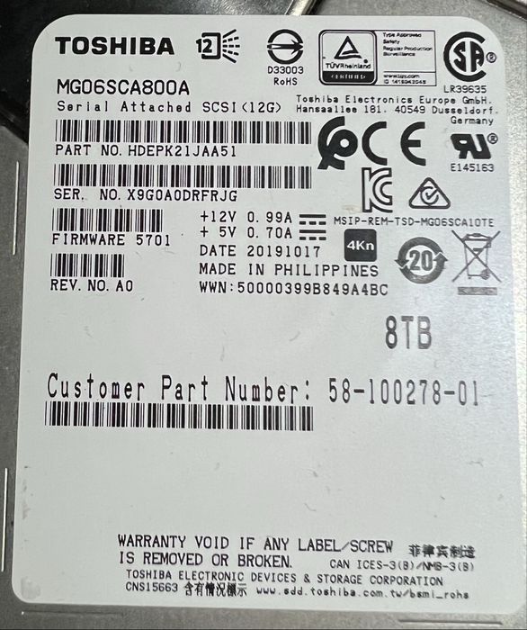 HDD-uri Enterprise SAS Toshiba 8 TB 3,5”,100% viata,mai multe bucati