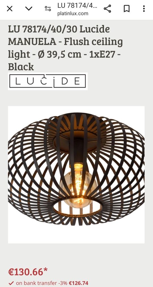 Lucide MANUELA - Таванна лампа - Ø 39,5 cm - 1xE27 - Черна