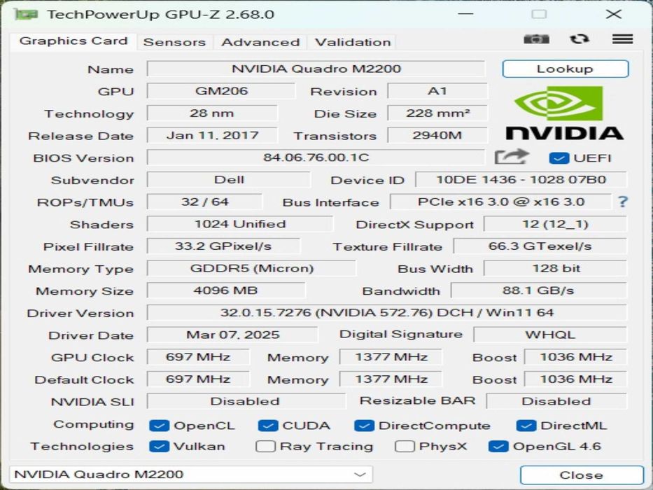 Лаптоп Dell Precision 7520 i7-7820HQ 2.90GHz/RAM16GB/QuadroM2200 4GB