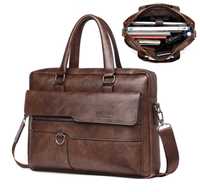 Луксозна кожена бизнес чанта за лаптоп и документи с 8 джоба