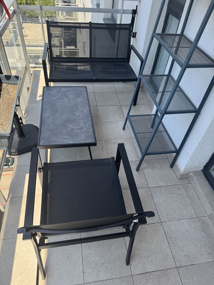 Set mobilier terasa canapea, 1 scaun, masa + bonus raftiera metalica
