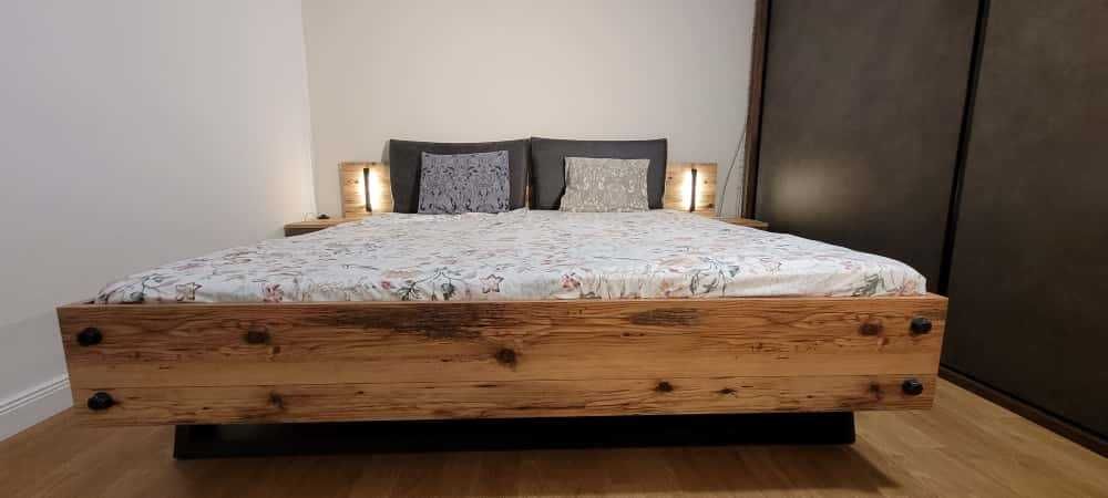 Pat Dover, 180x200 cm, 2 noptiere incluse, LED,  Gri /Lemn antichizat