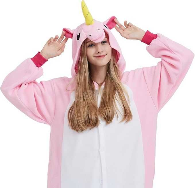 Pijamale casa, Onesie(costum) UNICORN ROZ, Flausat, REDUS de la 220RON