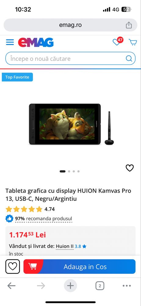 Tableta grafica cu display HUION Kamvas Pro 13, USB-C, Negru/Argintiu