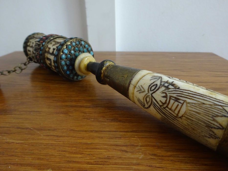 Roata Tibetana cu Mantra, Coral si Turcoaz - Piesa Veche Budista