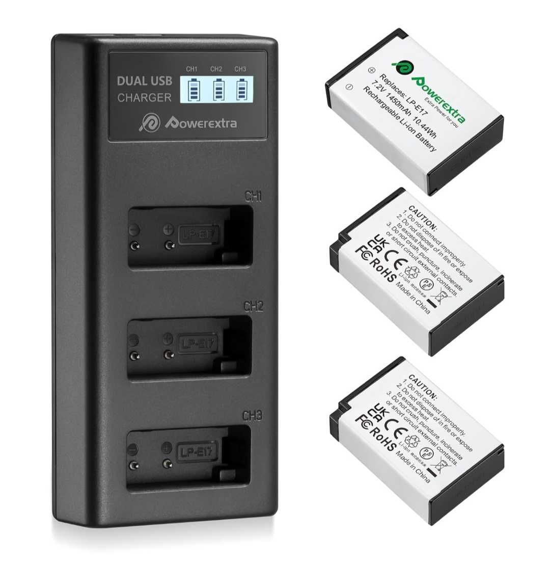 Батерии Powerextra LP-E17 3 бр. 1450mAh със зарядно 3 слота за Canon
