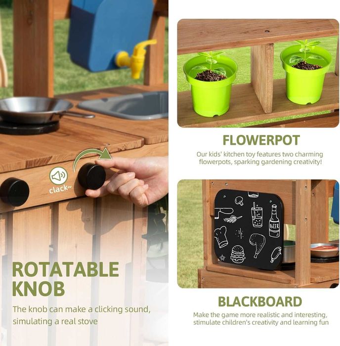OOOK Детски кухненски комплект с навес, 3+ години, масивна ела