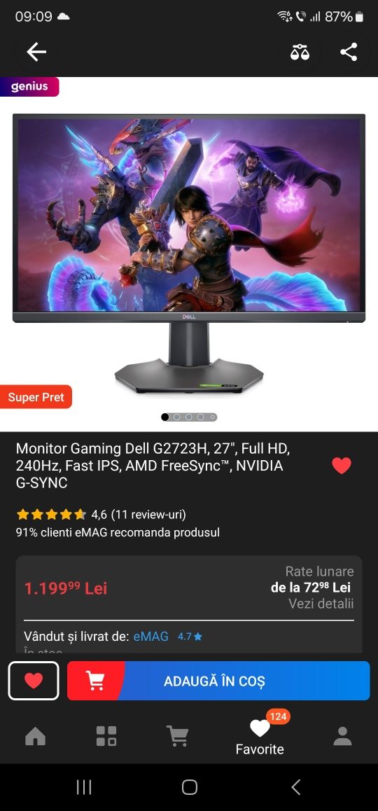 Monitor Gaming Dell G2723H, 27", Full HD, 240Hz, Fast IPS, AMD FreeSyn