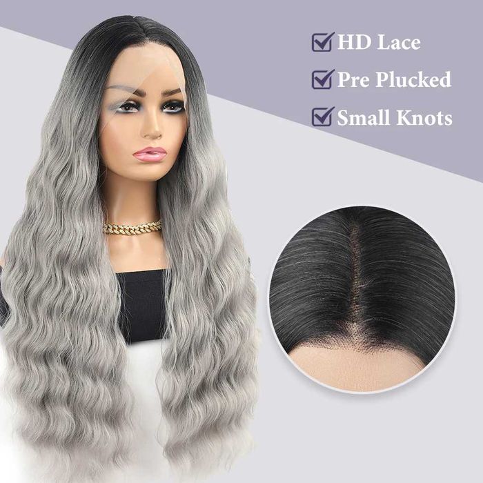 Висококачествена дантелена сива омбре перука с тъмни корени лейс фронт
