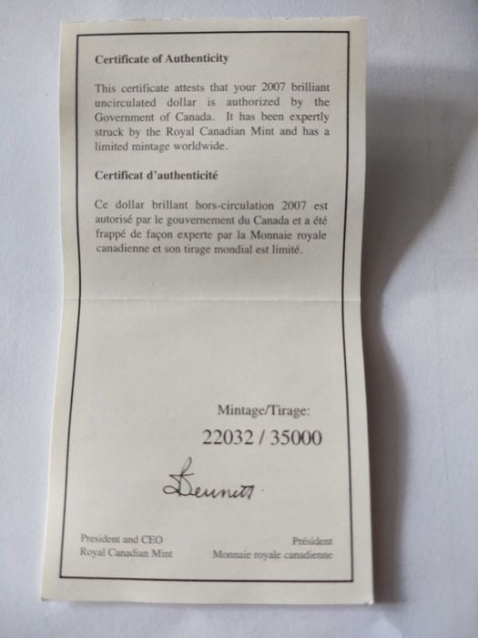 Dollar Canadian din Argint de Colectie- ban de argint  2007