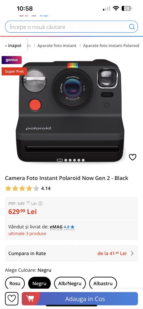 Aparat foto instant POLAROID Now Generation 2, plus rola film negru