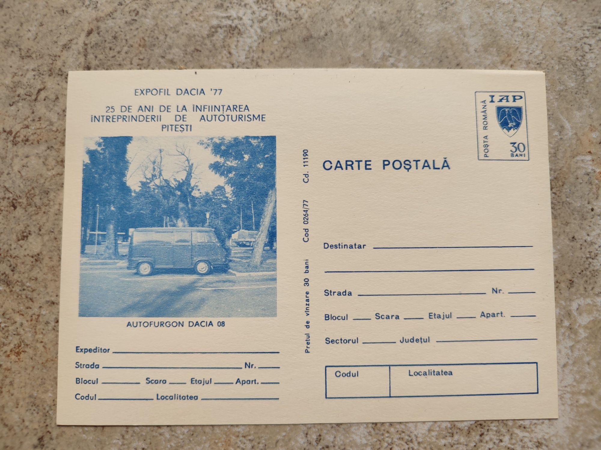 Lot 6 cărți poștale EXPOFIL 1977 autoturisme Dacia de epoca