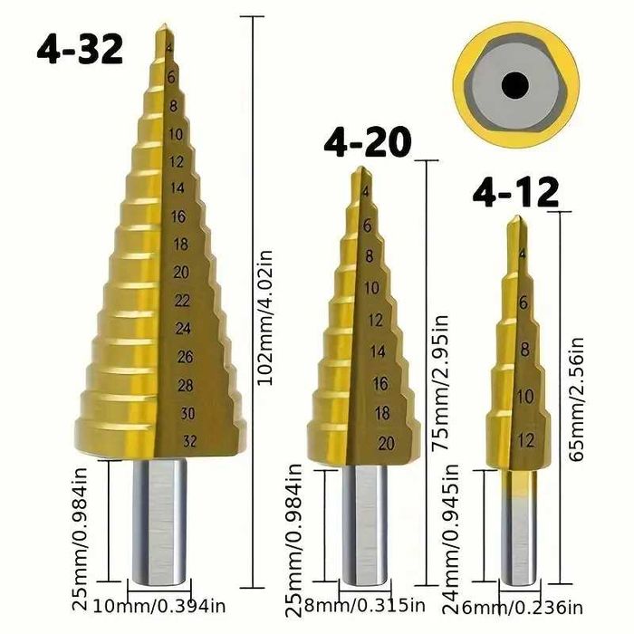 Set de burghie in trepte  HSS 7 piese, gaură conică cu canelură