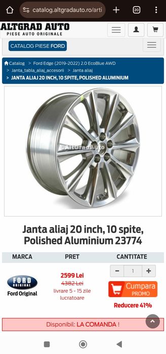 Vând set jante aliaj 20 inch Ford Edge (model Vignale)