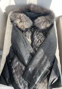 Кожаная женская  зимняя куртка с мехом чернобурки/ р-р 44