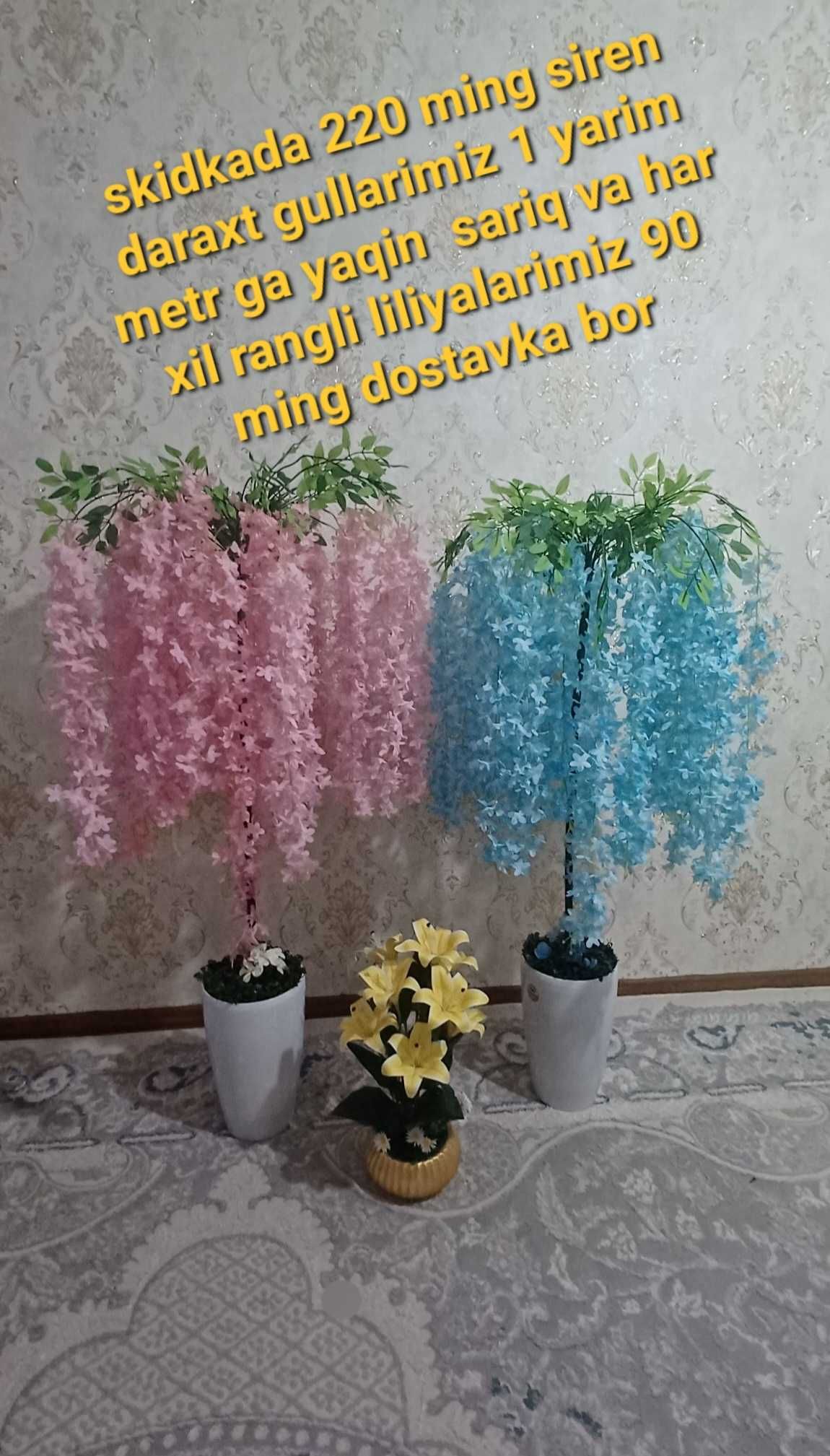 Suniy gullar dekorativ daraxtlar ,karobka va topperlar