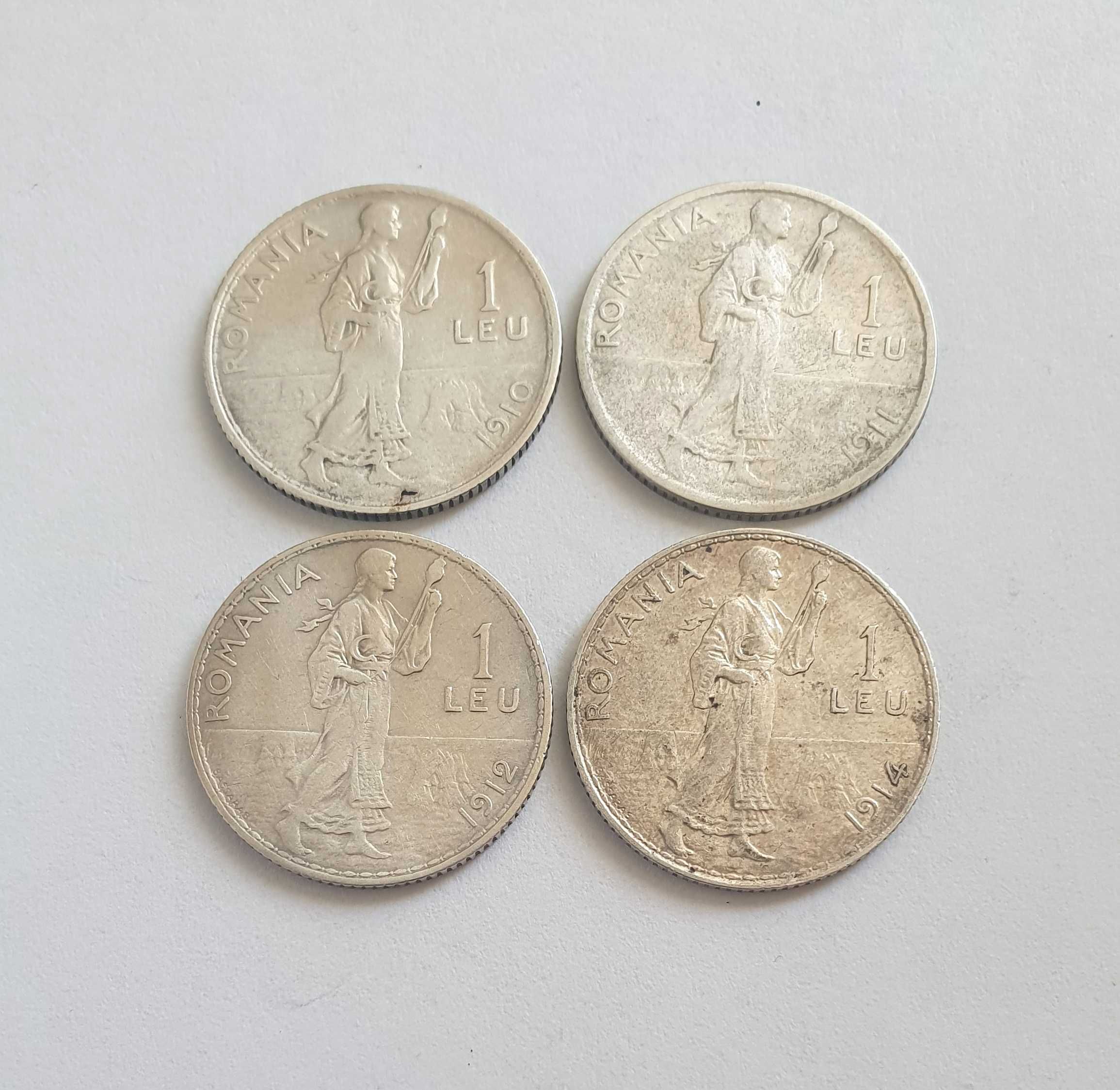 Set moneda 1 leu 1910, 1911, 1912, 1914, argint, Carol 1