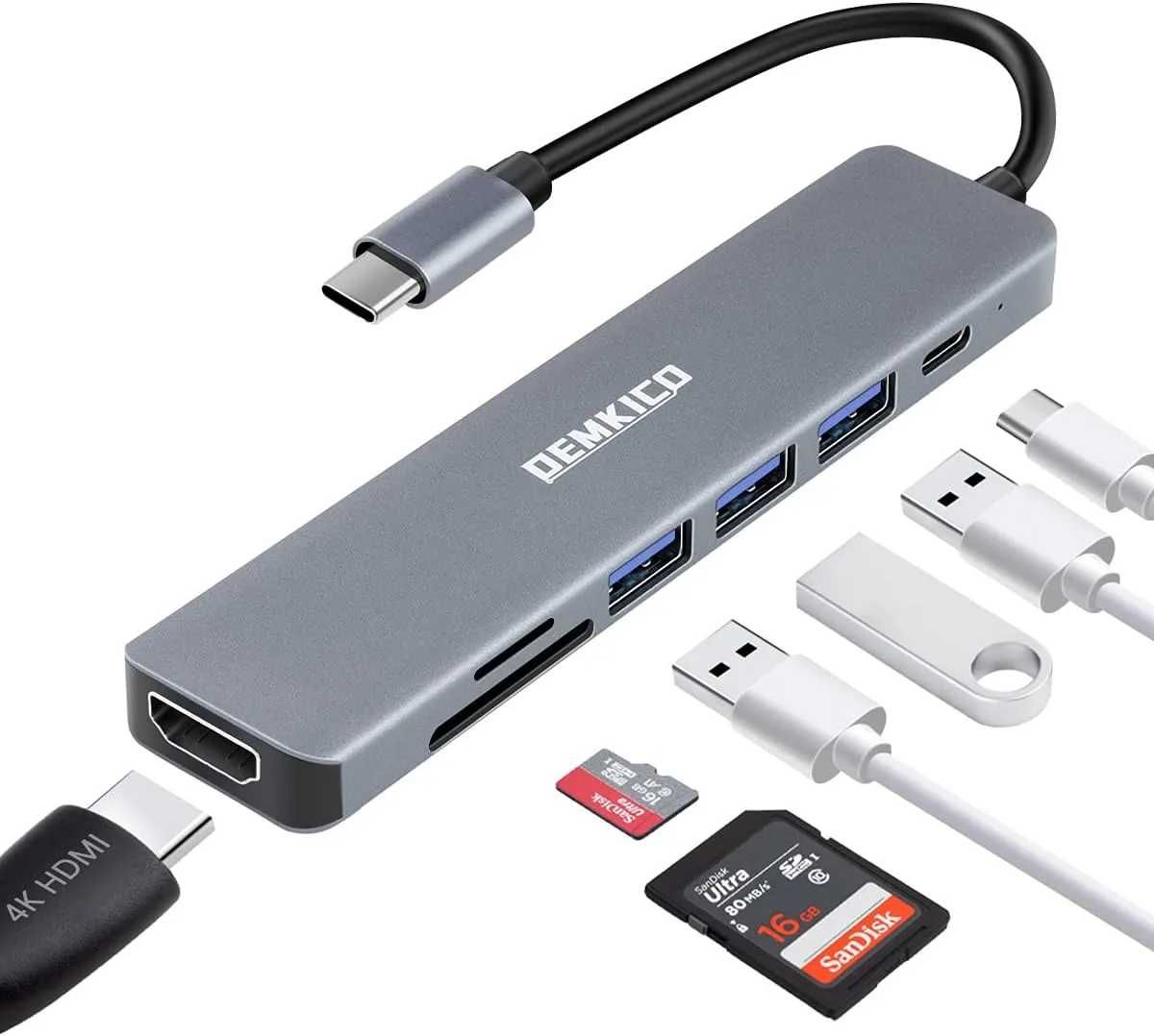 Hub type C 7 in 1 HDMI 4K PD 87W Card Reader 2 USB 2.0 1 USB 3.0