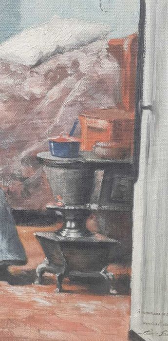 Tablou vechi - interior cu batrana - semnat