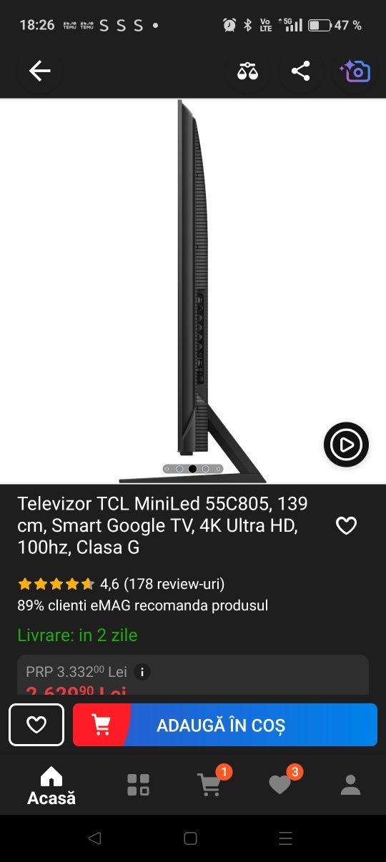 Vând Televizor TCL MiniLed QLED 139 cm.
