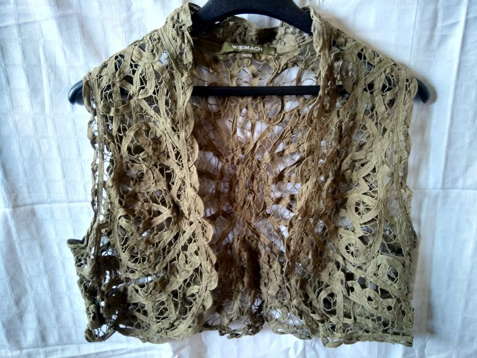 Vesta inedita din impletituri dantelate kaki bleumarin Veste