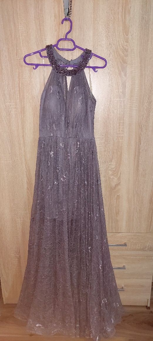 Rochie de seara, lunga, lila, din dantela cu sclipi în material