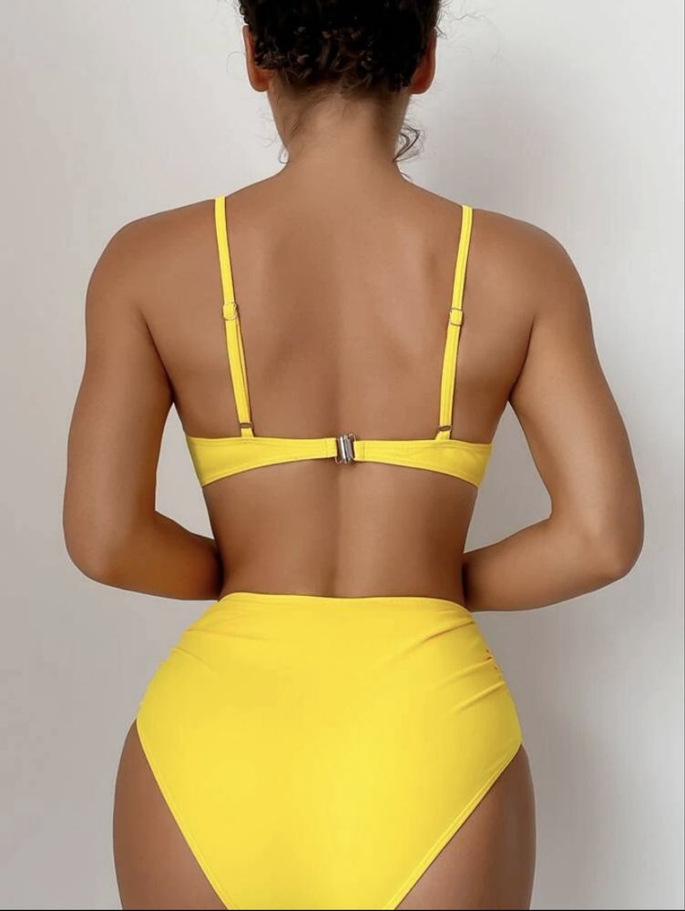 Costum de baie galben cu talie inalta