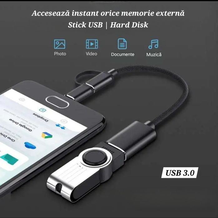Adaptor/Cititor date 2in1 Usb la UsbC/Micro. Citește Stick USB+HD.