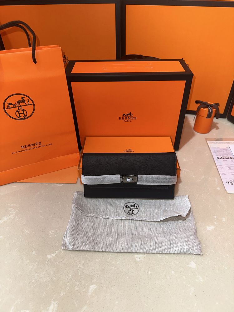 Portofel Hermes Kelly Black/Piele naturala 100%/Punga/Cutie Hermes