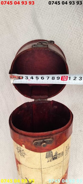 recipient lemn si imitatie piele VINTAGE inaltime 35cm diametru 10cm