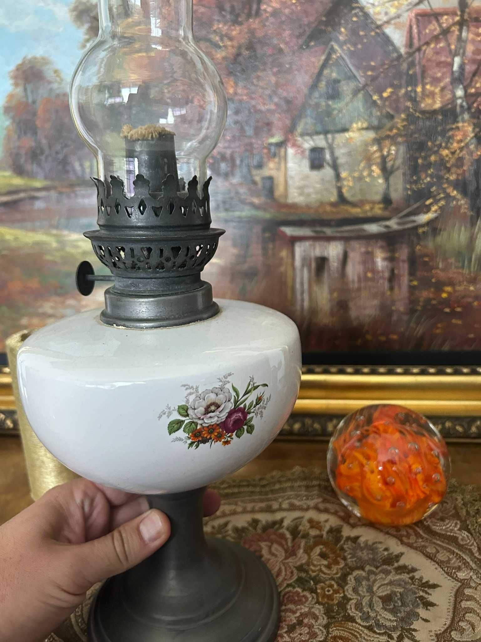Dn895 Superba lampa de ceramica si cositor petrol/gaz 1kg 28cm h 14,5d