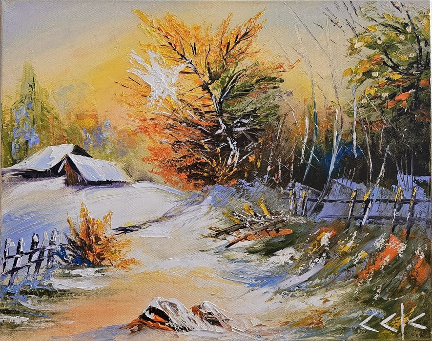 "Зимно утро" Картина 40х50 см, Маслена живопис с шпакла