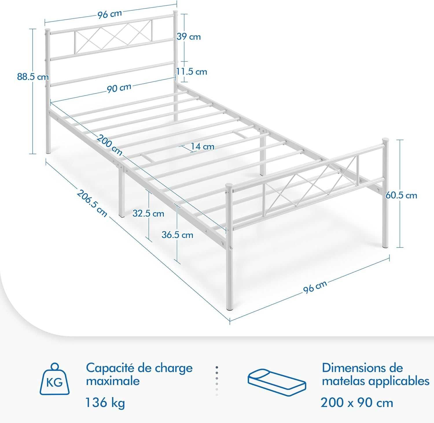 Cadru Pat Metalic Modern, Design Rezistent |YT 613618 White(90x200cm)