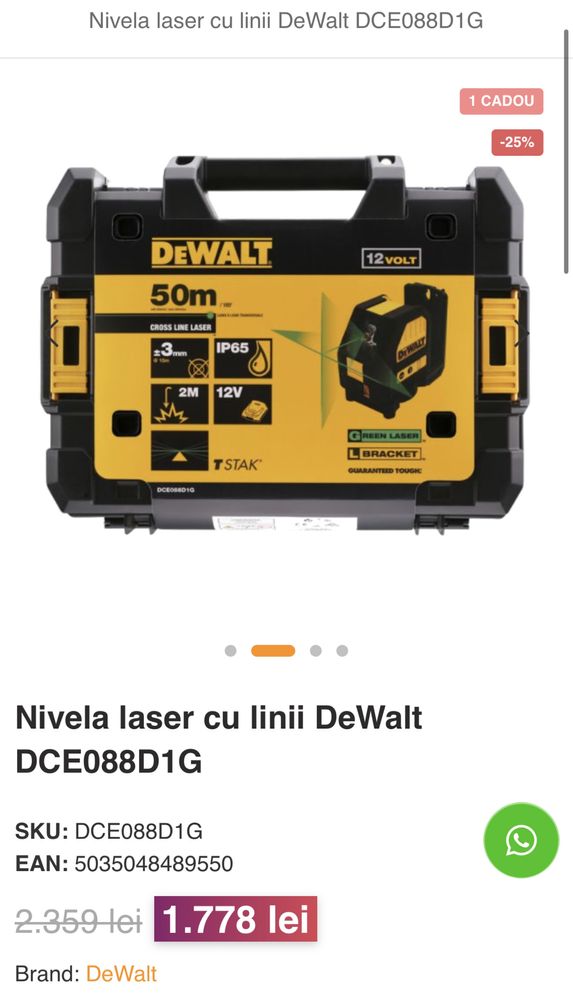 Laser Dewalt DCE088D1G nivela laser cu 2 linii verzi si acumulator