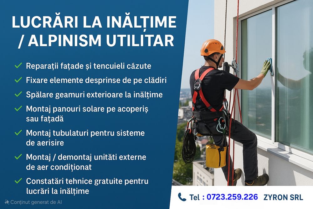 Lucrări la înălțime / Alpinism utilitar – Fațade, Geamuri, Aer Cond.