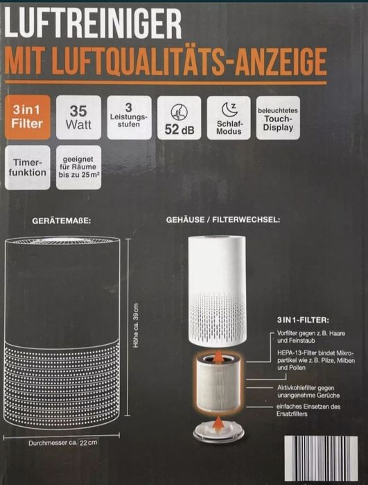 Пречиствател на въздух "StarQ" с 3 нива на сензорен дисплей, HEPA 13