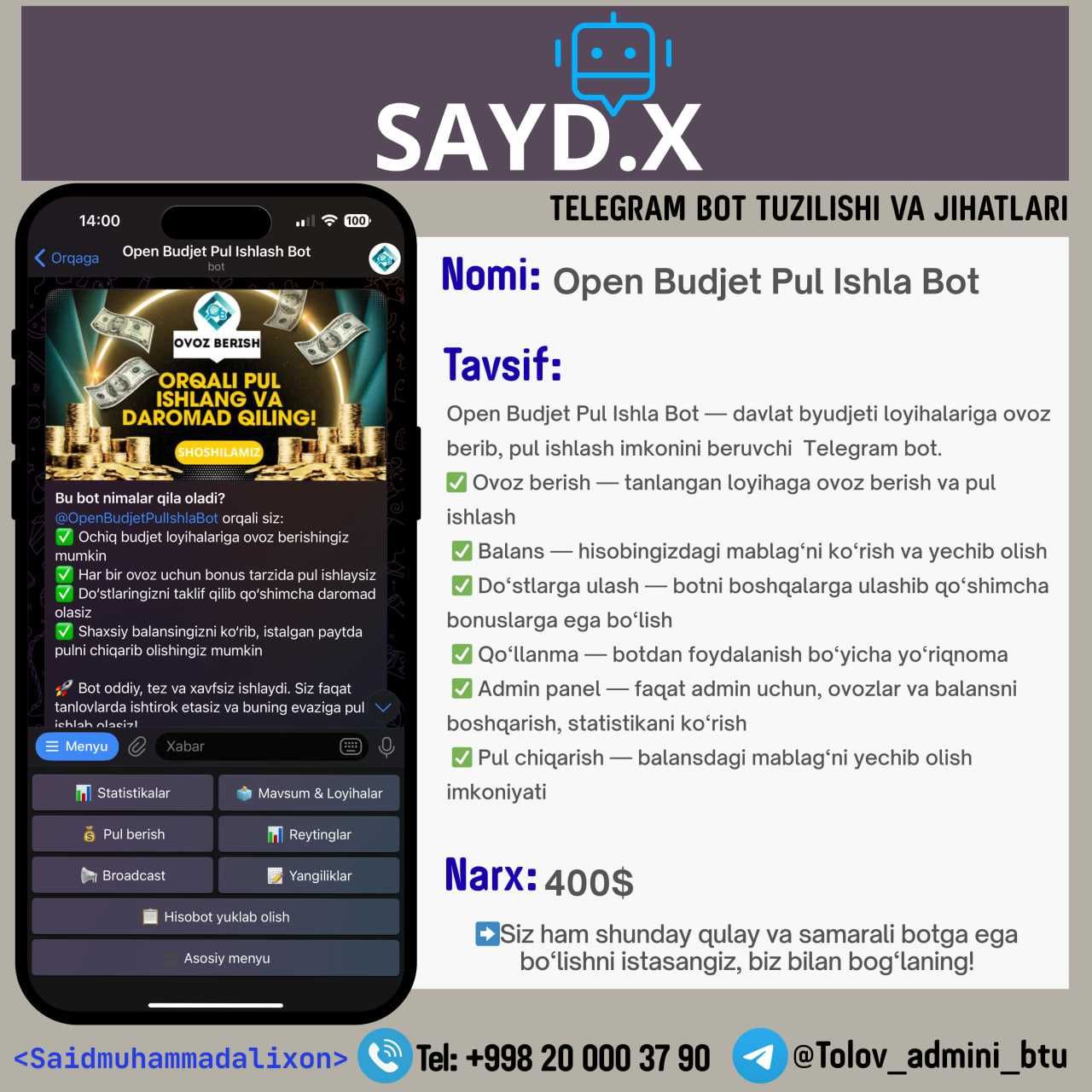 Telegram bot tuzish va sayt, mini ilova, moliyaviy xizmatlar, sheets